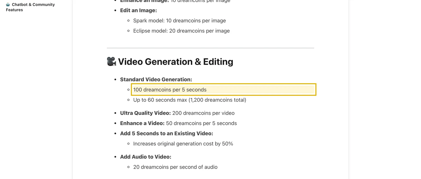 OurDream help centre rate card showing standard video at 100 dreamcoins per 5 seconds, up to 60 seconds for 1,200 dreamcoins, and Ultra Quality video at 200 dreamcoins