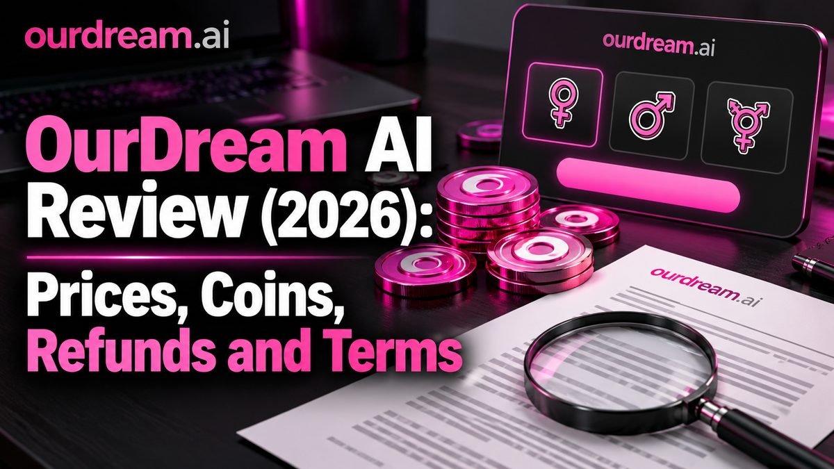 OurDream AI review header with pink coins, a terms-of-service printout and a magnifying glass